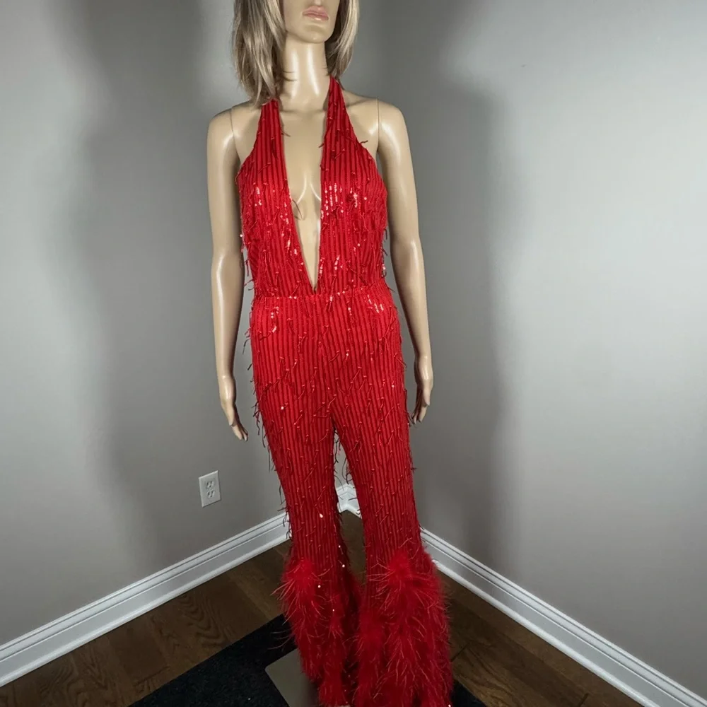 AKIRA NWT Red Sequin Feather Flare Jumpsuit Backless Halter Glam Party Small - Picture 3 of 7